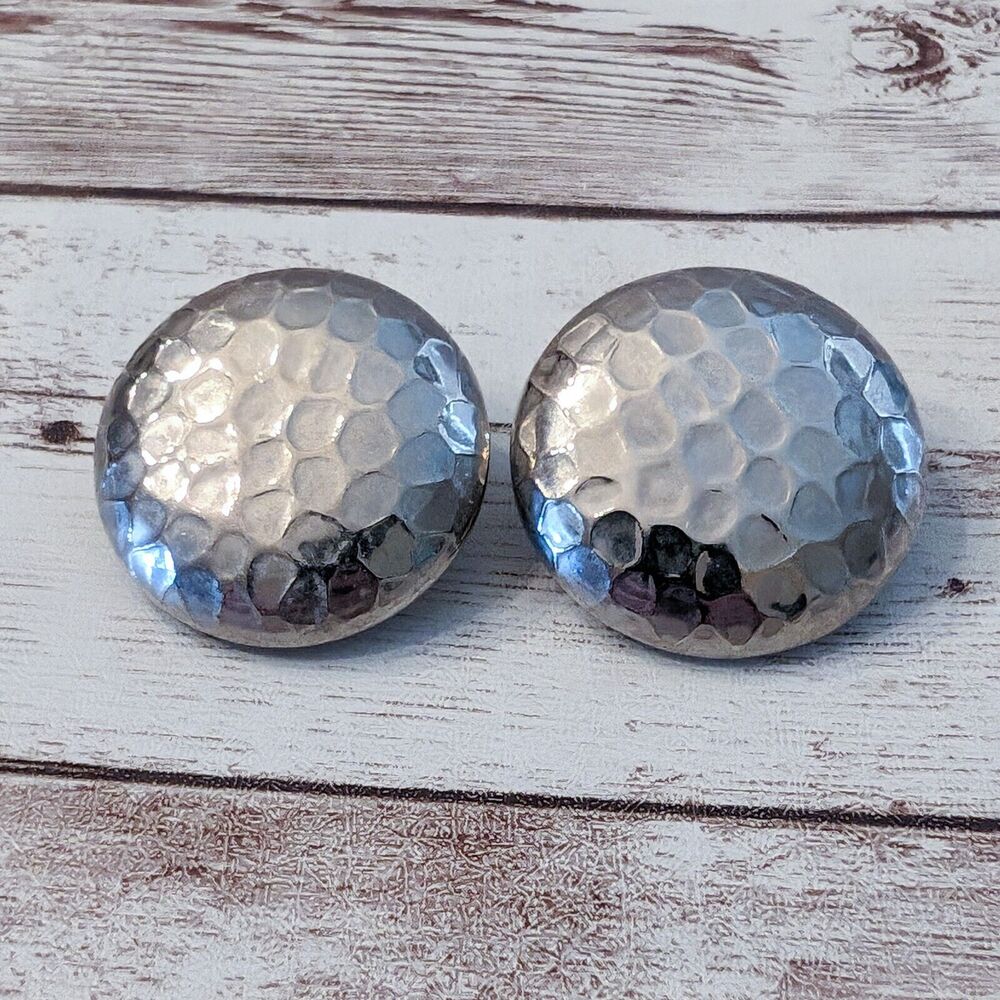 Vintage Clip On Earrings - 1 & 1/8" Hammered Pattern Circle